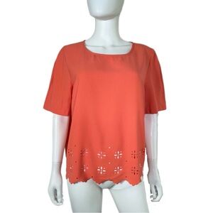Cato Coral Laser Cut Floral Short Sleeve Blouse